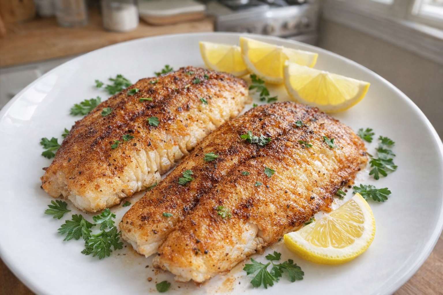 A top-down, brightly lit shot of two perfectly pan-seared tilapia fillets on a white plate, garnished with lemon wedges and fresh parsley. The fillets have a golden-brown crust and are slightly flaky.